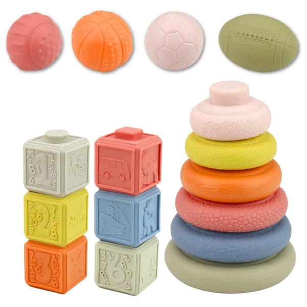 Sensoriskt lekset för barn med mjuka bollar, sifferblock och stapelpyramid