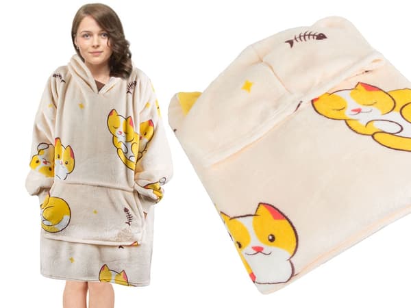 Tæppe-sweatshirt med hætte teddyfleece oversize one size