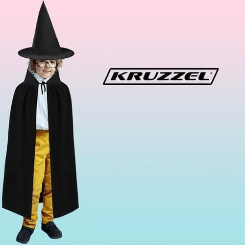 Tryllekunstnerkostume barn sort 4 dele kappe 90 cm hat stav briller
