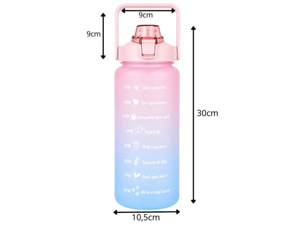 Vattenflaska 2 liter med sugrör och måttskala rosa/blå