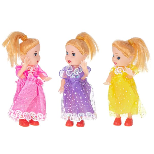 Dockhusdockor 10 cm 3-pack i plast med klänningar och röda skor