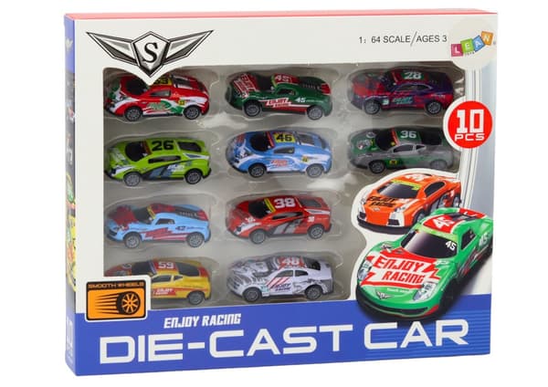 Leksaksbilar pull-back 10-pack 1:64 racingbilar 8 cm, 3+ år