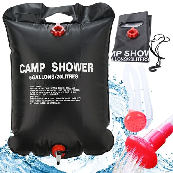 Solbruser campingbruser 20 L PVC sort med termometer og slange