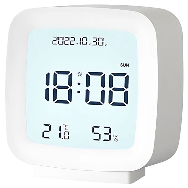 Digital väckarklocka LCD med datum temp luftfuktighet vit 8x8,5 cm