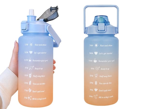 Vattenflaska 2 liter med sugrör och måttskala blå/orange