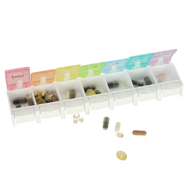 Pillbox ugedosering 7 rum farvekodet med ugedage