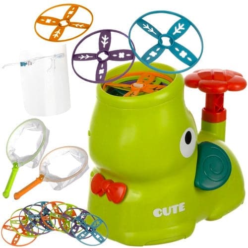 Disc launcher -lelu pumpulla, 8 discia, 2 verkkoa ja suojalasit