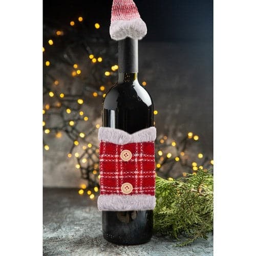 Jul flasköverdrag med hatt, röd/grå polyester, passar vin- och spritflaskor