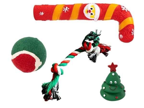Hundleksaker julset 4-pack rep boll gummi candy cane julgran