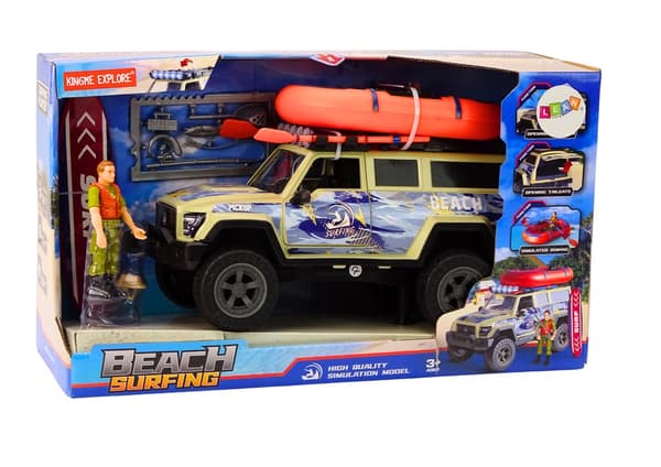Off-road-surffiauto-lelu surffaajalla, surffilauta ja tarvikkeet 3+