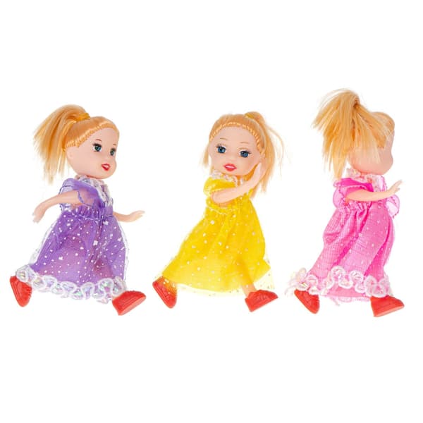 Dockhusdockor 10 cm 3-pack i plast med klänningar och röda skor