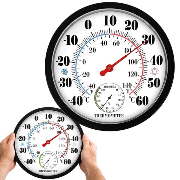 Vægtermometer med hygrometer analog 25 cm, sort, -40 til 60°C