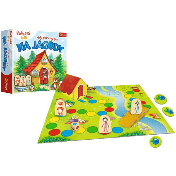 Barnbrädspel samla bär med stor spelplan, träkub och 16 bärtokens