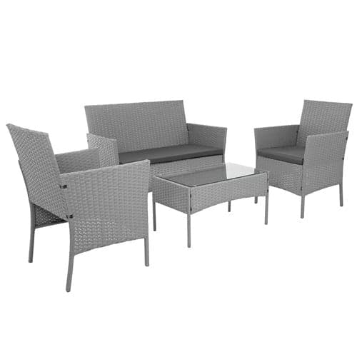Loungegrupp technorattan grå 4 delar soffa 2 stolar bord glas