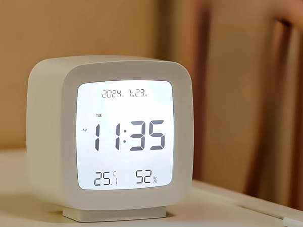 Digital väckarklocka LCD med datum temp luftfuktighet vit 8x8,5 cm