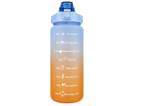 Vattenflaska 2 liter med sugrör och måttskala blå/orange