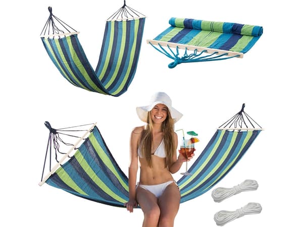 Hängmatta med trästavar randig bomull/polyester 200x80 cm + 2 rep