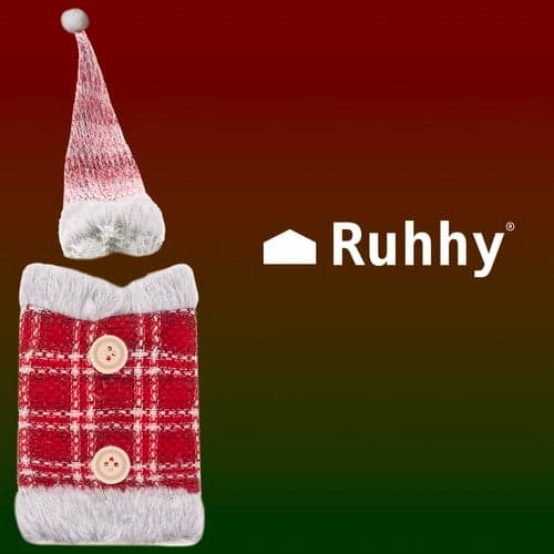 Jul flasköverdrag med hatt, röd/grå polyester, passar vin- och spritflaskor