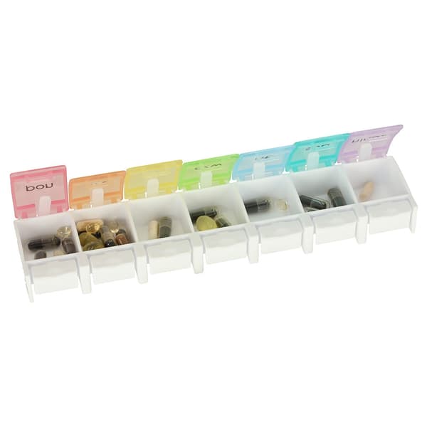 Pillbox ugedosering 7 rum farvekodet med ugedage