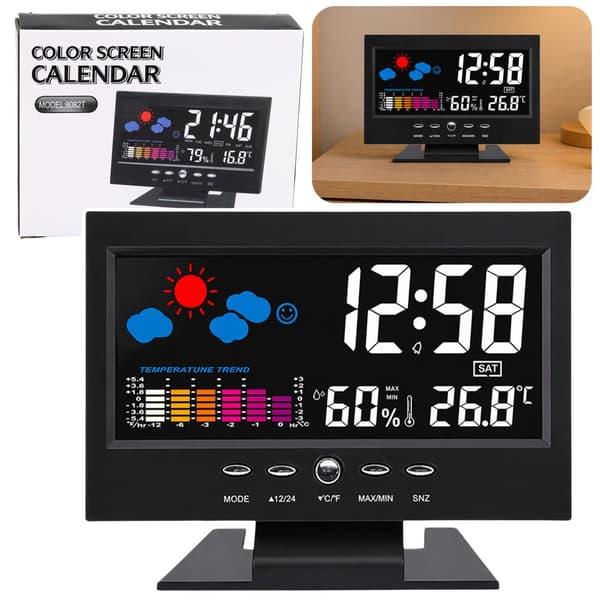 Digital bordsklocka med färgdisplay, termometer & hygrometer, 12/24h