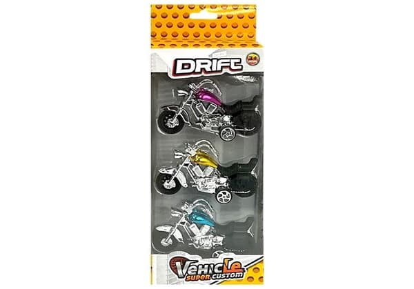Legetøjsmotorcykler pull-back 3-pack 9 cm, fra 3 år