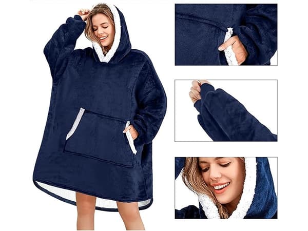 Filttröja med huva teddyfoder one size unisex navy blue