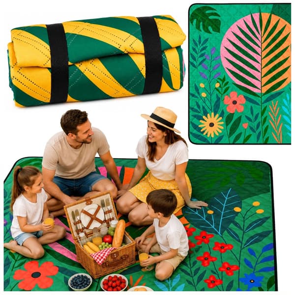 Picnictæppe 100 x 150 cm blomsterprint, foldbart med bærestrop