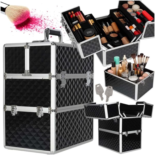 Makeuptaske makeupkuffert med 5 niveauer og 4 rum, sort plast