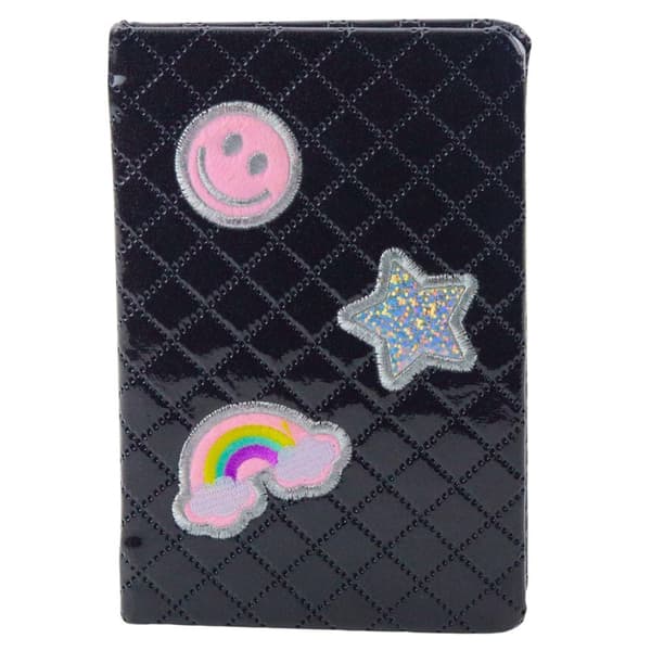 Linjeret notesbog B6 80 sider sort glitter med patches