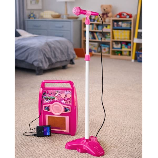Leksakselgitarr rosa med mikrofon, stativ & förstärkare 72 cm