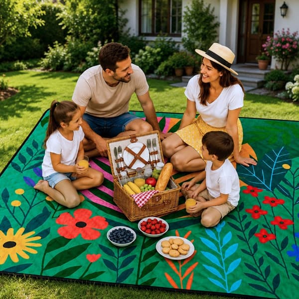 Picnictæppe 100 x 150 cm blomsterprint, foldbart med bærestrop