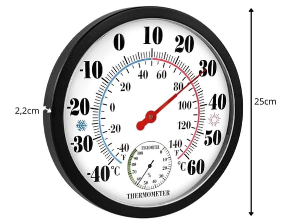 Vægtermometer med hygrometer analog 25 cm, sort, -40 til 60°C
