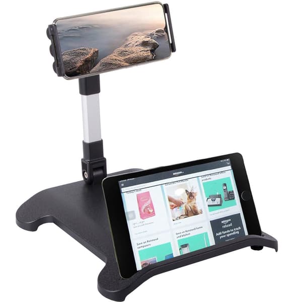 Mobil- og tabletstativ 2-i-1 til 2 enheder, justerbart, sort