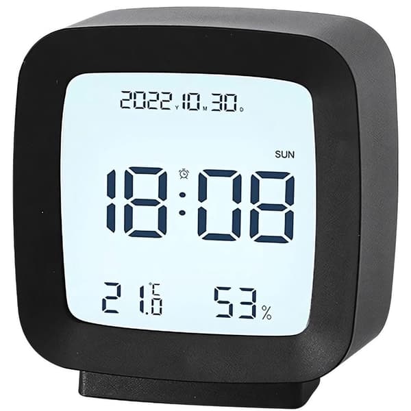 Digitalt vækkeur LCD med dato, temperatur & luftfugtighed sort