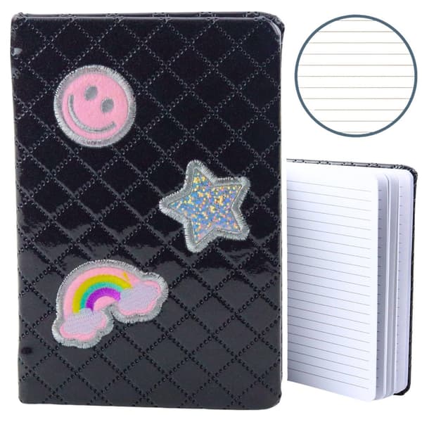 Linjeret notesbog B6 80 sider sort glitter med patches