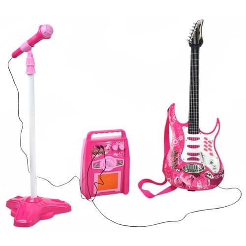 Elgitarrset för barn rosa med förstärkare, mikrofonstativ och MP3-ingång
