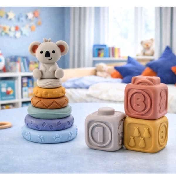 Montessori sensorisk koala-stabletårn i silikone 13 dele bidering