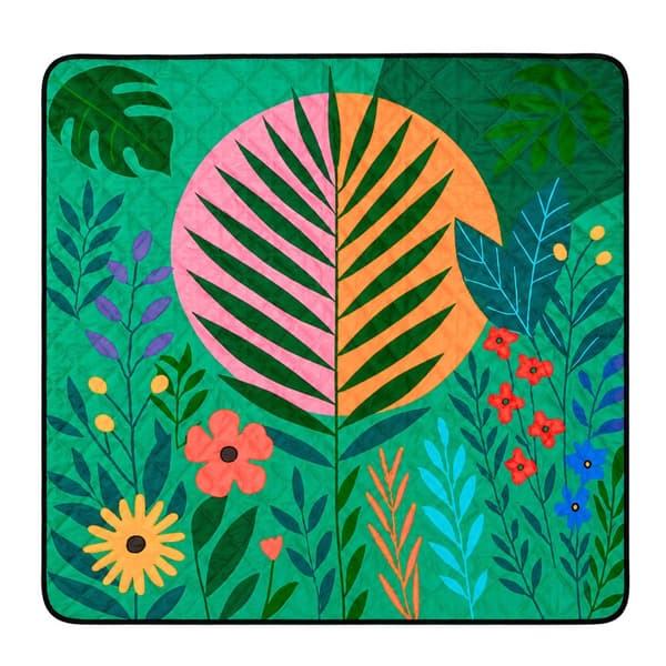Picnictæppe 100 x 150 cm blomsterprint, foldbart med bærestrop