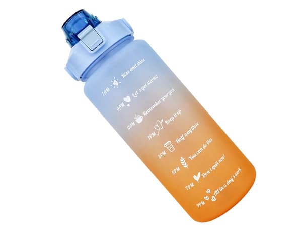Vattenflaska 2 liter med sugrör och måttskala blå/orange