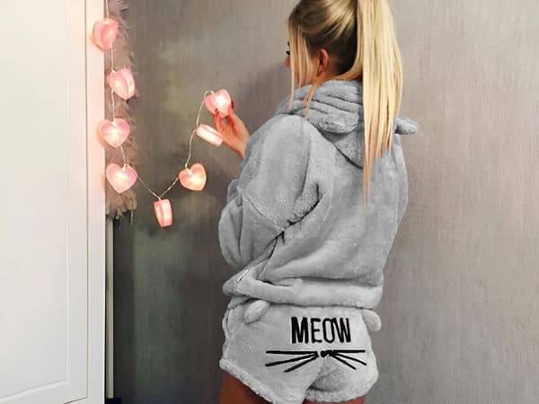 Pyjamas-sæt dame 2-dele bomuld grå langærmet + shorts str. L