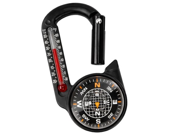 Karabinhage med kompas og analog termometer sort 7,3 cm