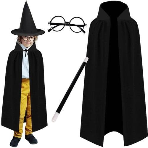 Tryllekunstnerkostume barn sort 4 dele kappe 90 cm hat stav briller