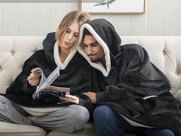 Fleecetröja med huva teddyfoder svart one size oversize XXL