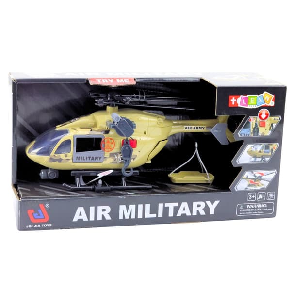 Legetøjshelikopter militær 32 cm med lys/lyd, båre & krog, batterier