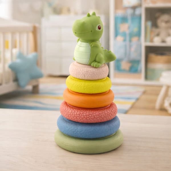 Sensorisk stabelpyramide i ECO-gummi med dinosaur 7 dele 6+ mdr