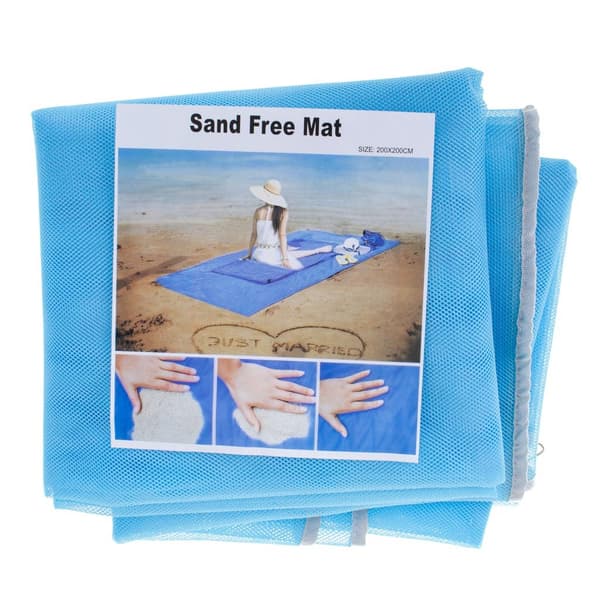 Sandfri strandmatta 200x200 cm blå polyester med markspikar