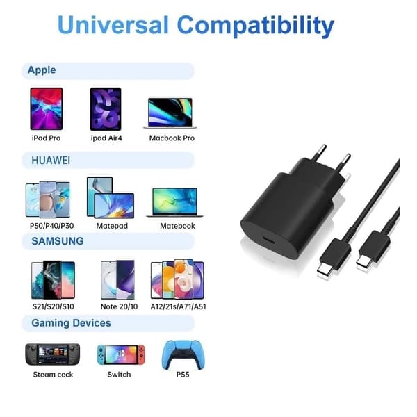2st 25W Samsung Snabbladdare Adapter & Kabel USB-C 2m