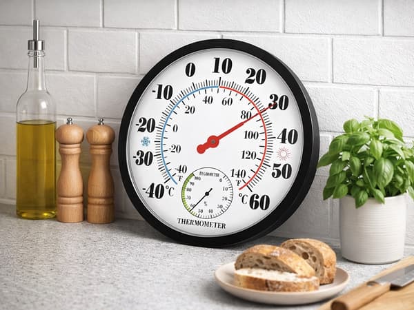 Vægtermometer med hygrometer analog 25 cm, sort, -40 til 60°C