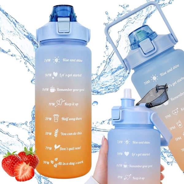 Vattenflaska 2 liter med sugrör och måttskala blå/orange