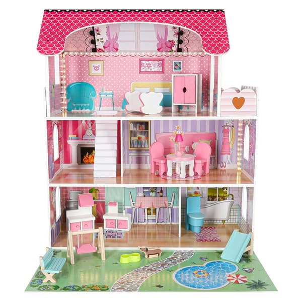 Dockhus med LED-belysning 70 cm rosa, 5 rum, möbler & terrass